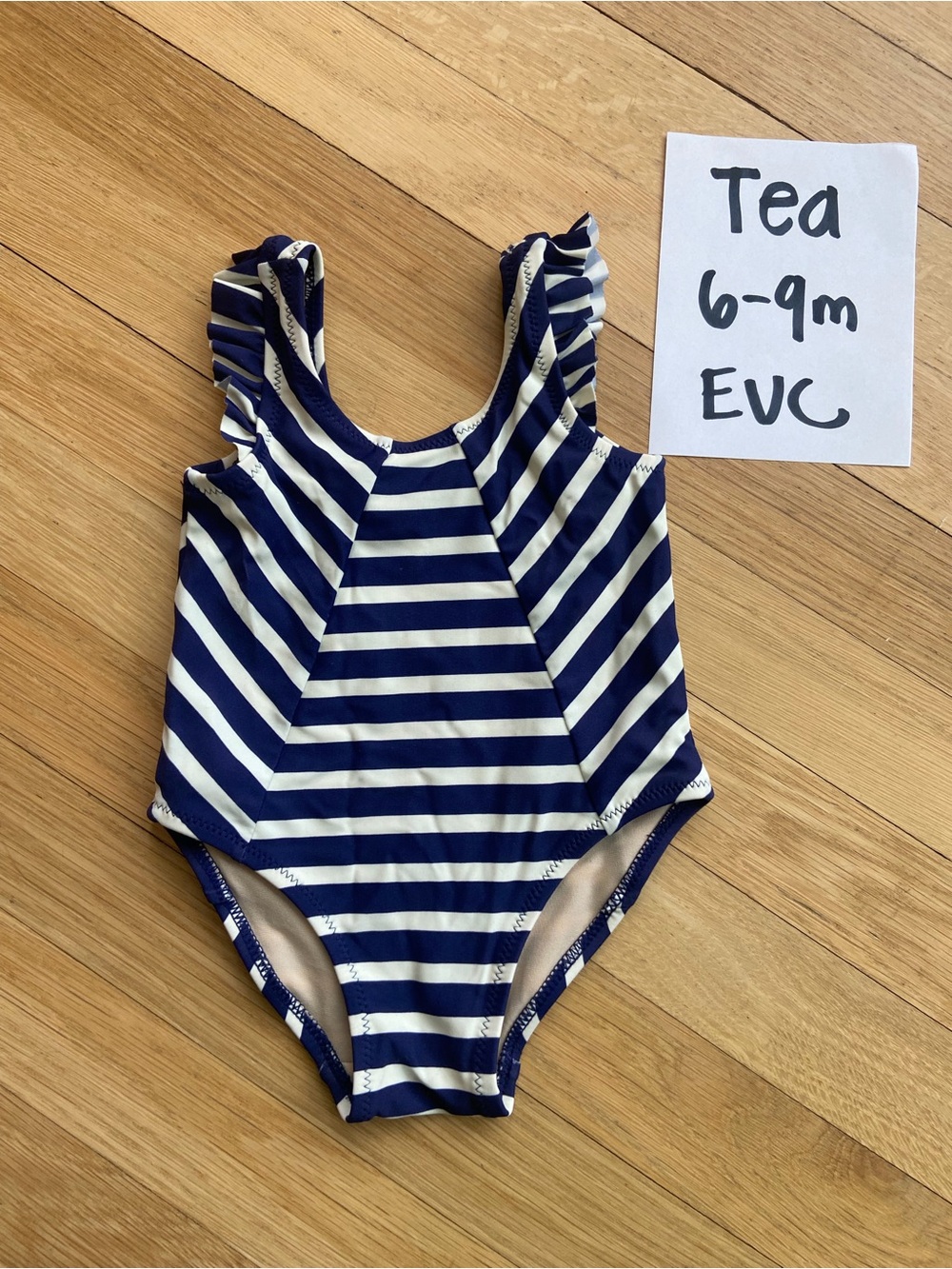 Tea Collection. size 12-18m. Navy & White Striped Ruffle Strap Kids Swimsuit